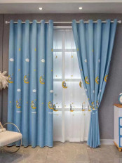 QY24H06DD Fashion Children Chenille Embroidered Hello Kitty Blue Grommet Ready Made Curtains(Color: Blue)