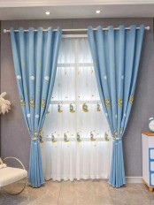 EQY24H06DD Fashion Children Chenille Embroidered Hello Kitty Blue Custom Made Curtains(Color: Blue)