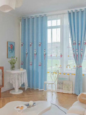 QY24H06ED High Quality Fashion Children Chenille Embroidered Cute Astronaut Blue Grommet Ready Made Curtains(Color: Blue)