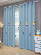 EQY24H06GD High Quality Children Chenille Embroidered Cute Blue Sailboats Custom Made Curtains(Color: Blue)
