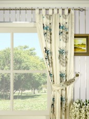 Silver Beach Embroidered Peacocks Tab Top Faux Silk Curtains