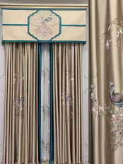 QYHL225CA Silver Beach Embroidered Colorful Peacocks Gold Blue Faux Silk Pencil Pleat Ready Made Curtains For Bay Windows