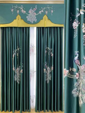 QYHL225CA Silver Beach Embroidered Colorful Peacocks Gold Blue Faux Silk Pencil Pleat Ready Made Curtains For Bay Windows
