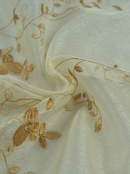 Elbert Vine Leaves Pattern Embroidered Back Tab White Sheer Curtains Panels (Color: Beige)