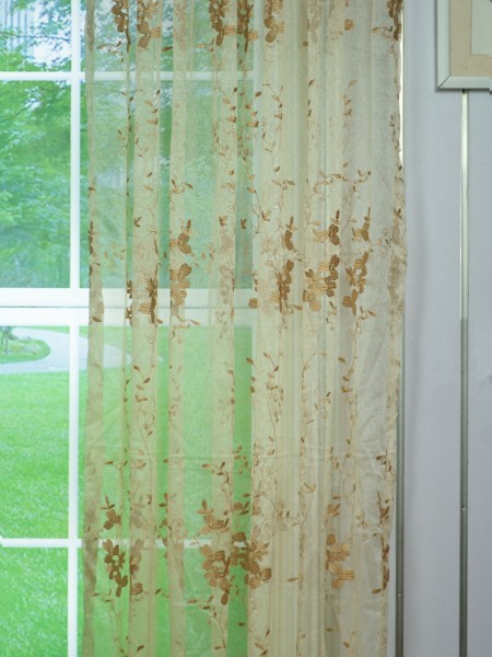 Elbert Vine Leaves Pattern Embroidered Grommet White Sheer Curtain Panels Online Fabric Details