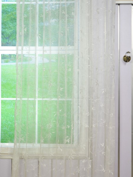 Elbert Branch Leaves Pattern Embroidered Back Tab White Sheer Curtains Panels