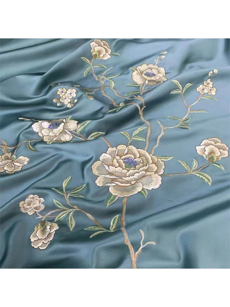 Embroidered Silk Floral Drapery Fabric Teal / U222