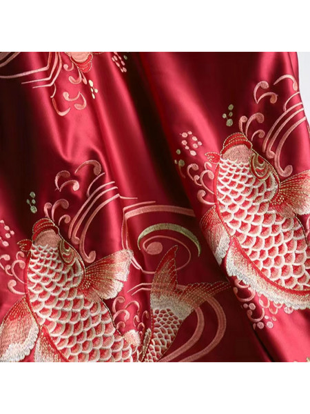 QYHL225LS Silver Beach Embroidered Chinese Carp Jumping In The Water Faux Silk Blockout Curtains Fabric Samples(Color: Red)