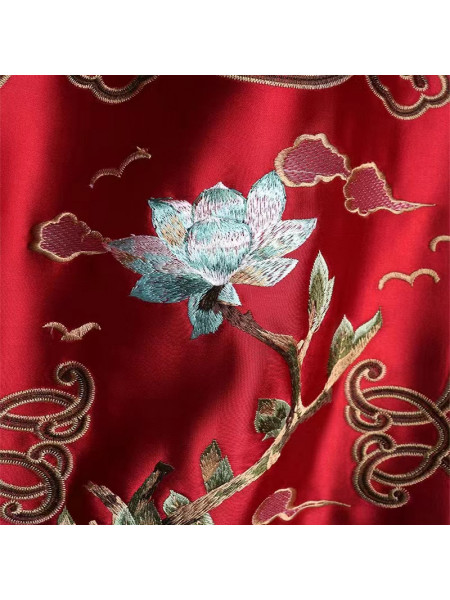 QYHL225P Silver Beach Embroidered Lotus Red Faux Silk Custom Made Curtains