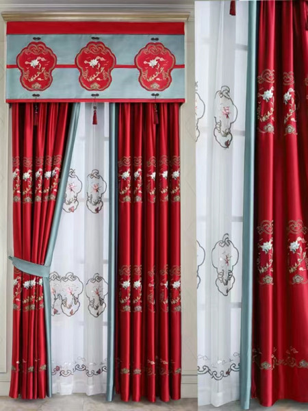 EQYHL225PA Extra Wide Gold Blue Red Embroidered Lotus Pinch Pleat Ready Made Blockout Curtains For Dining Room