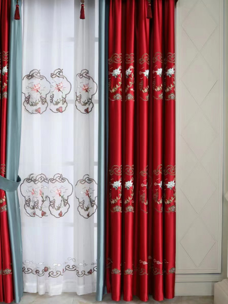 QYHL225P Silver Beach Embroidered Lotus Red Blue Faux Silk Custom Made Curtains