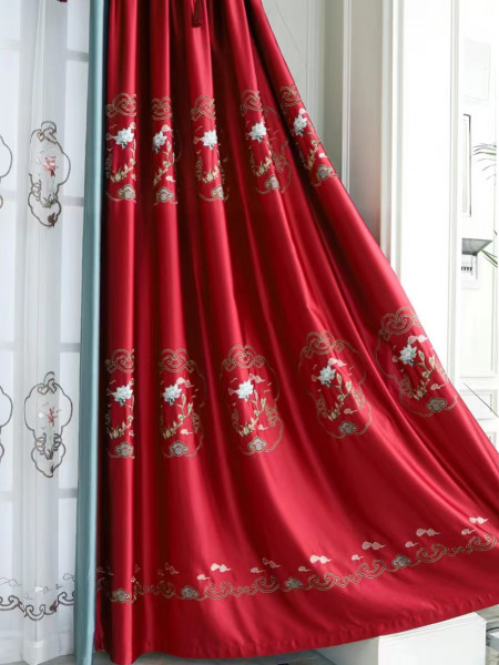 QYHL225P Silver Beach Embroidered Lotus Red Blue Faux Silk Custom Made Curtains