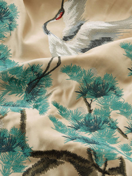 QYHL226A Silver Beach Embroidered Pine Trees And Cranes Faux Silk Custom Made Curtains