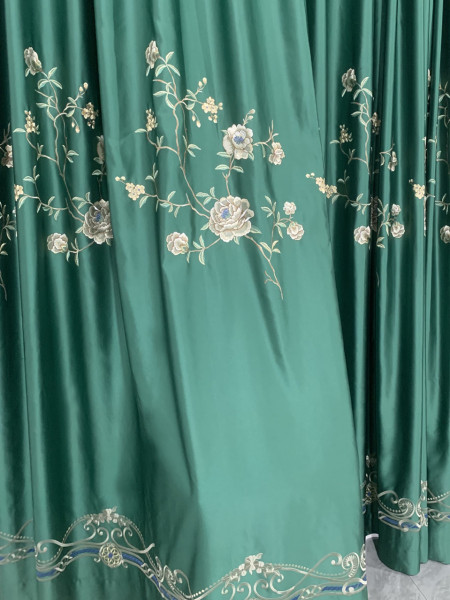 QYHL226F Silver Beach Embroidered Peony Faux Silk Custom Made Curtains For Living room(Color: Green)