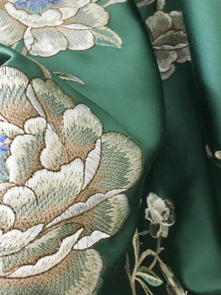 QYHL226FS Silver Beach Embroidered Peony Faux Silk  Fabric Samples(Color: Green)