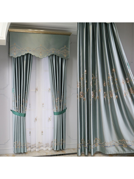 QYHL226F Silver Beach Embroidered Peony Faux Silk Custom Made Curtains For Living room