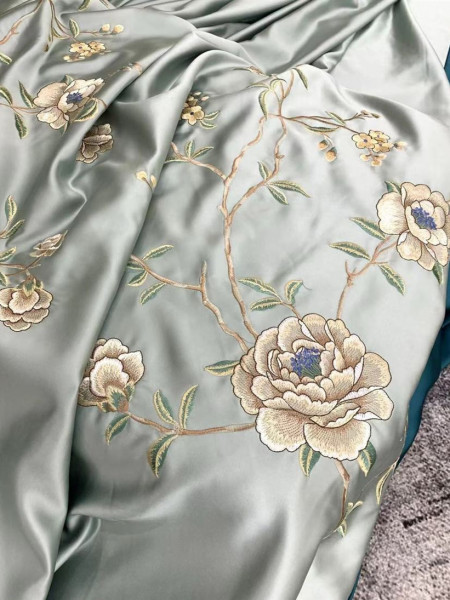 QYHL226F Silver Beach Embroidered Peony Faux Silk Custom Made Curtains For Living room(Color: Light blue)