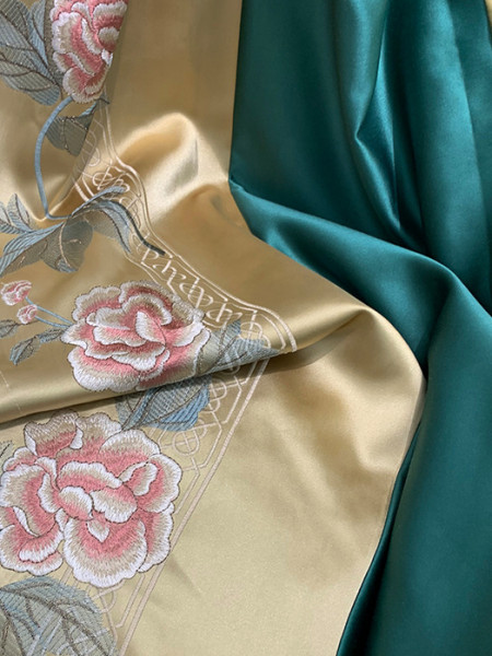 QYHL226HS Silver Beach Embroidered Peony Faux Silk Fabric Samples(Color: Khaki)